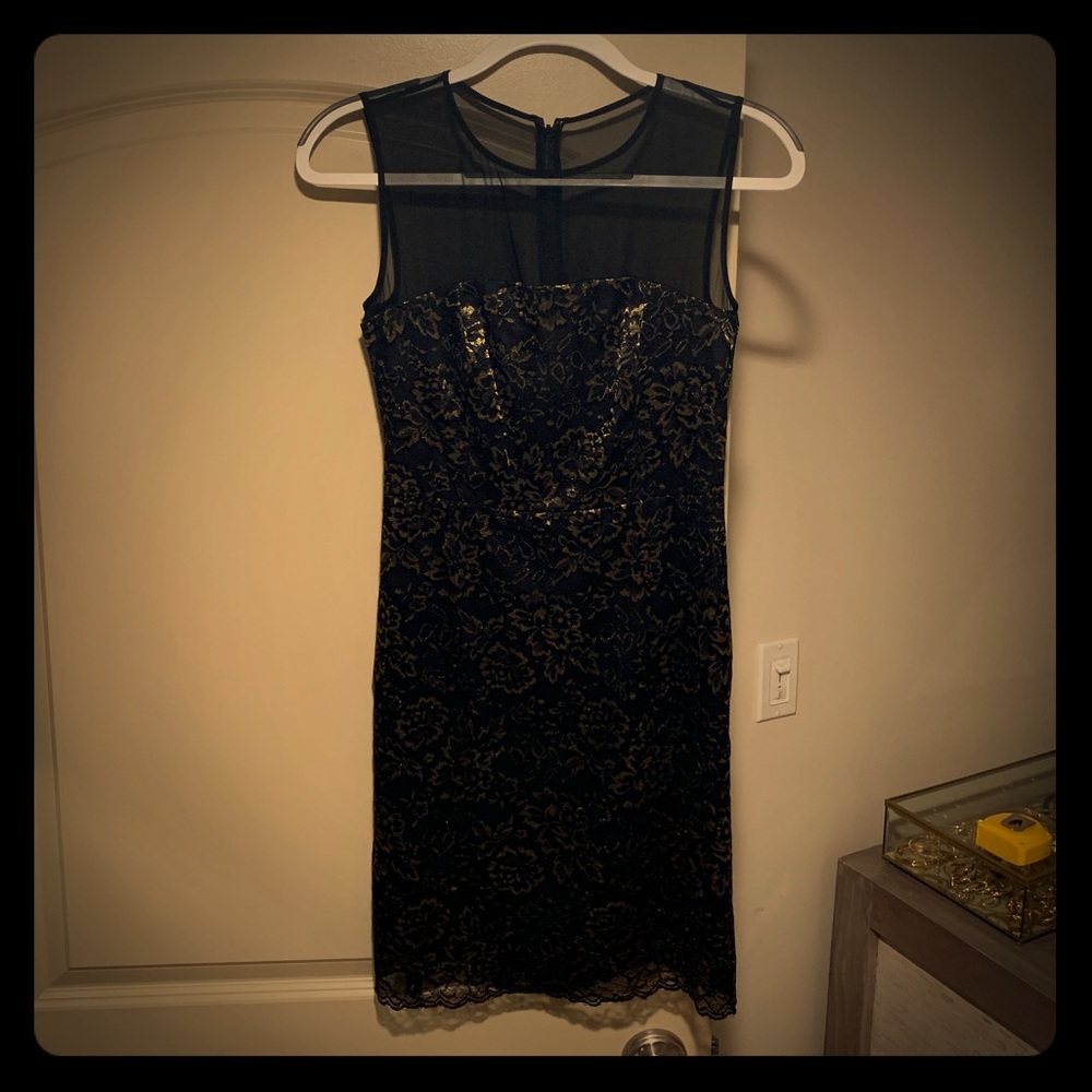 NWT!  DVF Short Black Dress with Gold Lace
